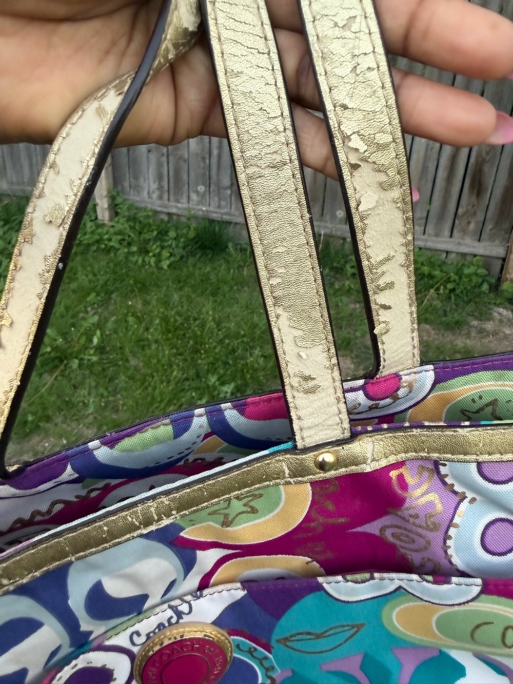 COACH Purple Multicolor Signature Print Tote with Gold Trim - Picture 4 of 15
